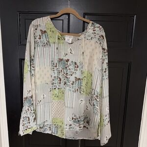 VTG Tall Girl Floral Patchwork Top Size L Tall Peasant Sleeves Hippie Boho